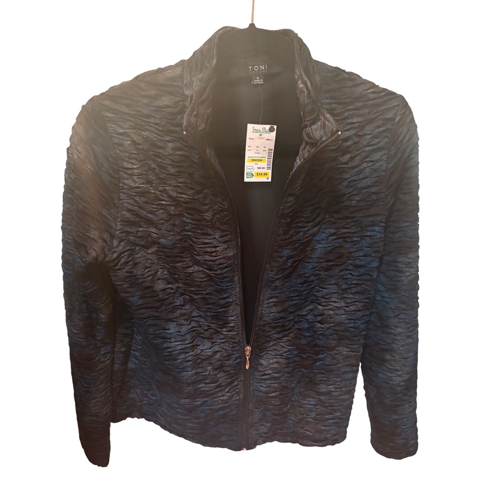 Toni Morgan Teal Textured Crinkle Zip‎ Up Jacket Mock Neck Small NWT T72155